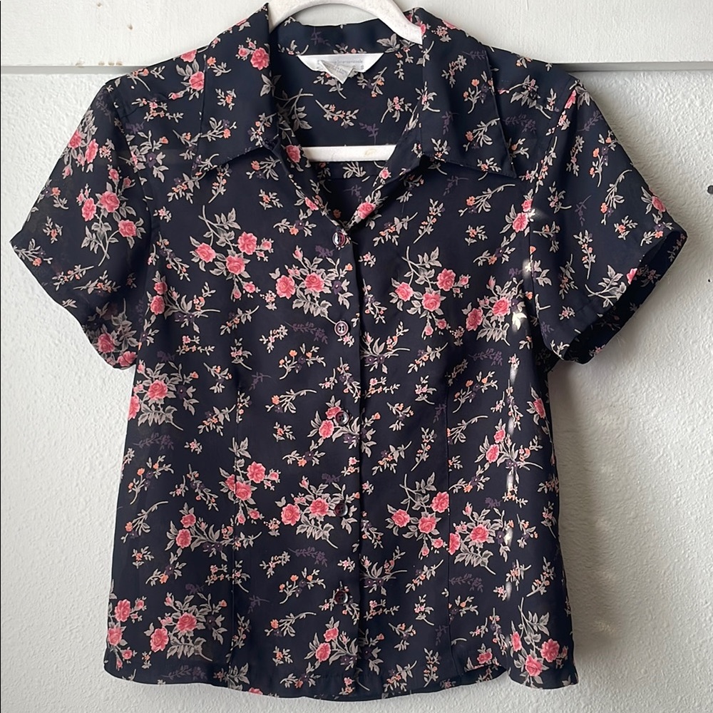 Vintage Compagnie Internationale Express black pink floral short sleeve top